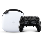 Custom carbon DualSense Edge controller with white PlayStation carrying case
