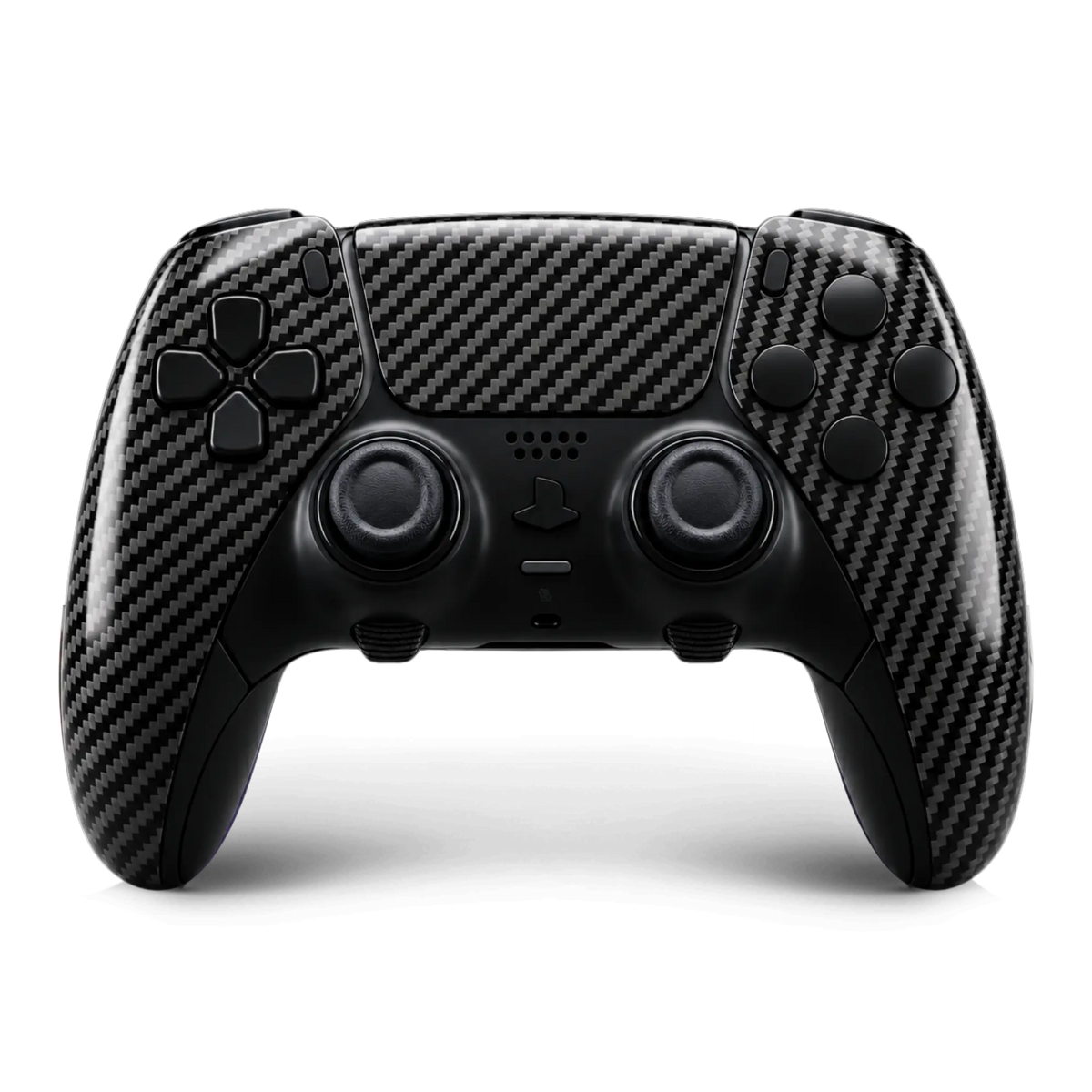 Custom DualSense Edge controller with carbon fibre shell and black controls