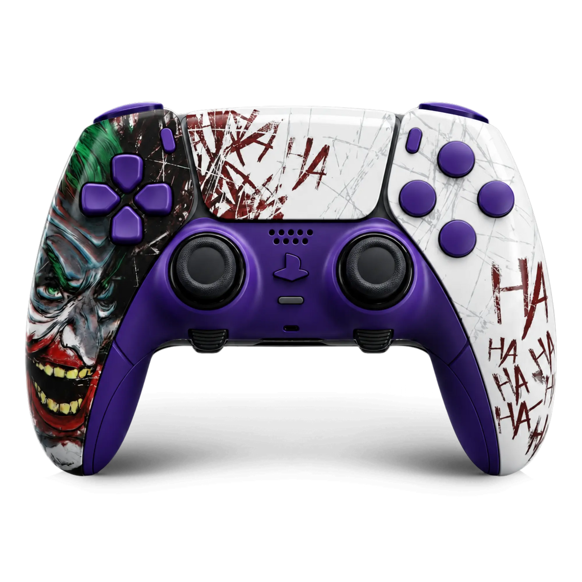 Custom DualSense Edge Joker controller with purple controls and graphic shell