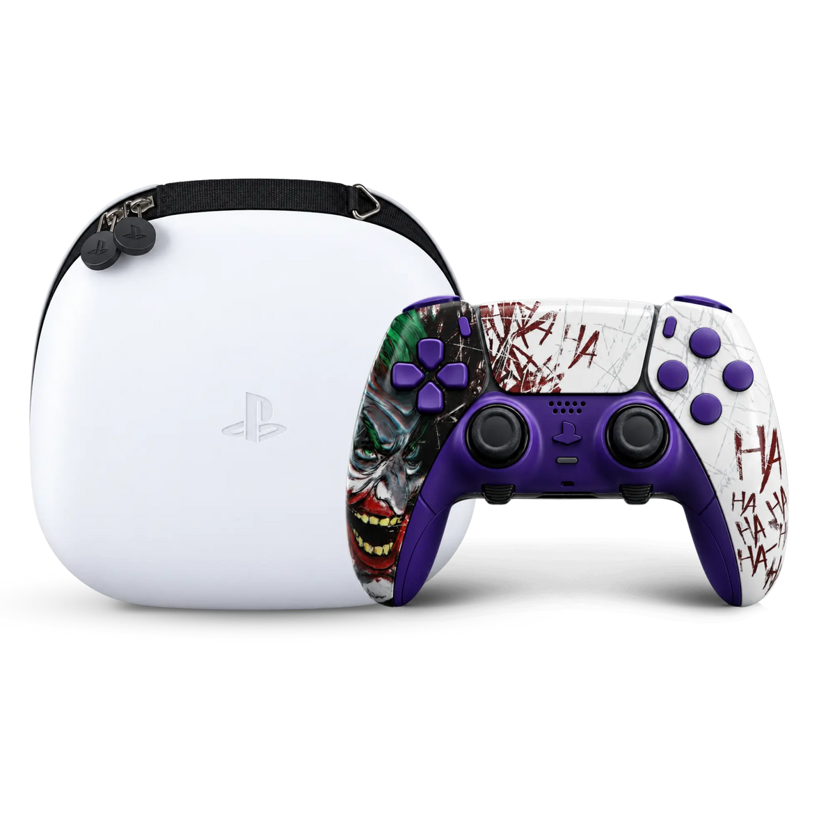Custom Joker DualSense Edge controller with PlayStation carrying case