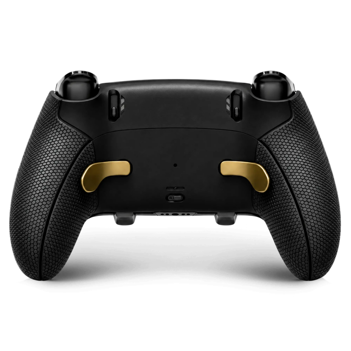 Back view of custom DualSense Edge controller with gold rear paddles